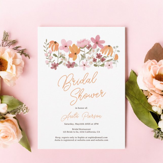 Convite Chá de panela de flor silvestre de guincho-laranja (Orange Cute boho meadow wildflower bridal shower Invitation)