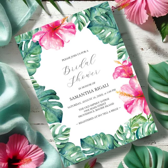 Convite Chá de panela de Flor Tropical de Hibiscus (Bridal shower invitations tropical pink hibiscus flower monstera palm leaves garden Vic Grigaliunas)