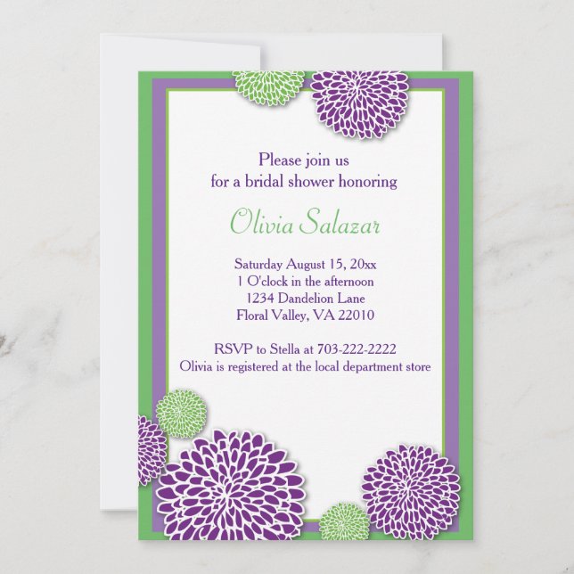 Convite Chá de panela de flor verde e púrpura (Frente)