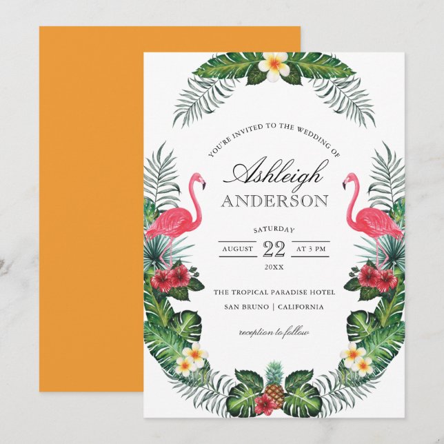 Convite Chá de panela de Flora Tropical Flamingos e Pineap (Frente/Verso)