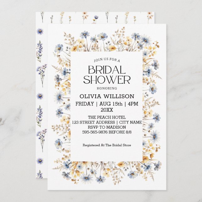 Convite Chá de panela de Flores Azuis Claro Azuis (Frente/Verso)