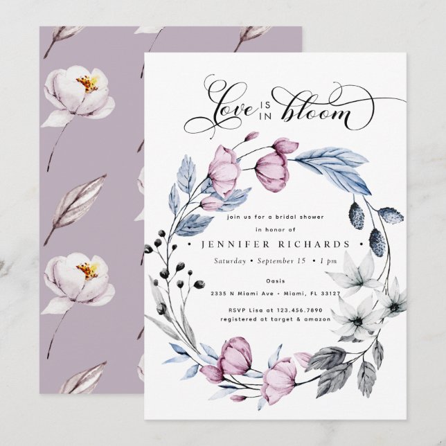 Convite Chá de panela de Flores Azuis e Rosa-Cria (Frente/Verso)