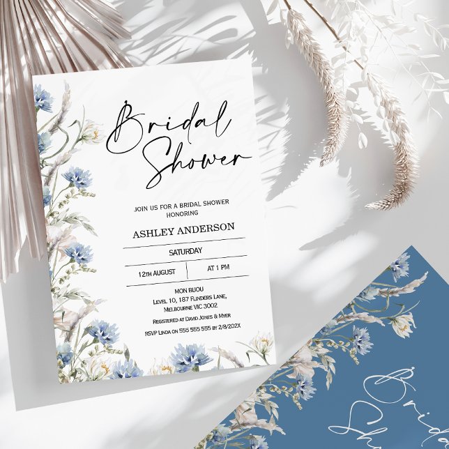 Convite Chá de panela de Flores Azuis Modernos (Dusty Blue Wildflowers Bridal Shower Invitation, Modern Design, Blue Floral Bridal Shower Invitation)