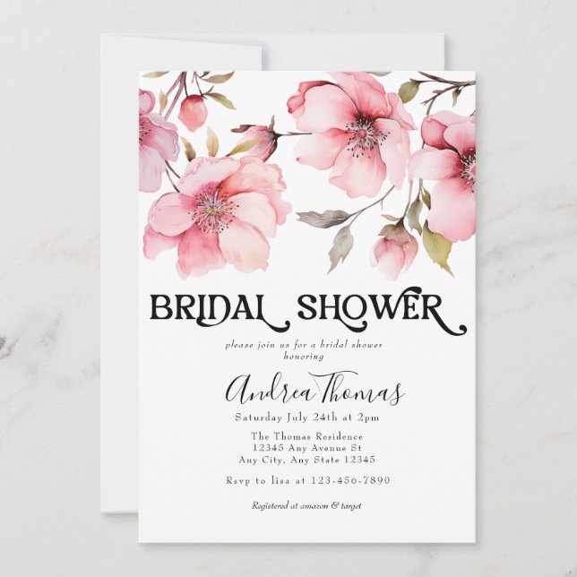 Convite Chá de panela de Flores de Aquarela Rosa (Frente)