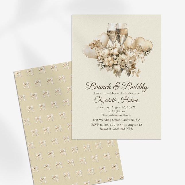 Convite Chá de panela de Flores de Champanhe em Brunch e B (Brunch and Bubbly Champagne Flowers Bridal Shower Invitation on a sunny white table.)