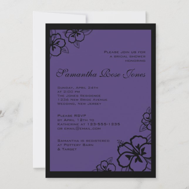 Convite Chá de panela de Flores de Hibiscus Roxo e Preto (Frente)