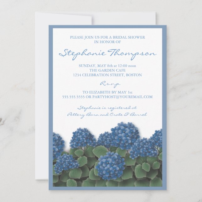 Convite Chá de panela de Flores de Hydrangea Azul (Frente)