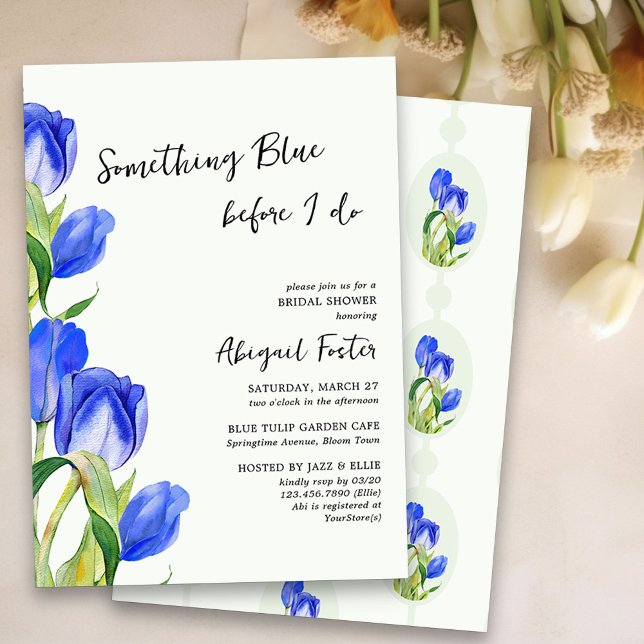 Convite Chá de panela de Flores de Tulip Primavera Azul (Something Blue Bridal Shower Invitation with blue tulips)