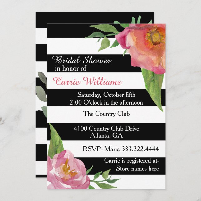 Convite Chá de panela de Flores e Listras (Frente/Verso)