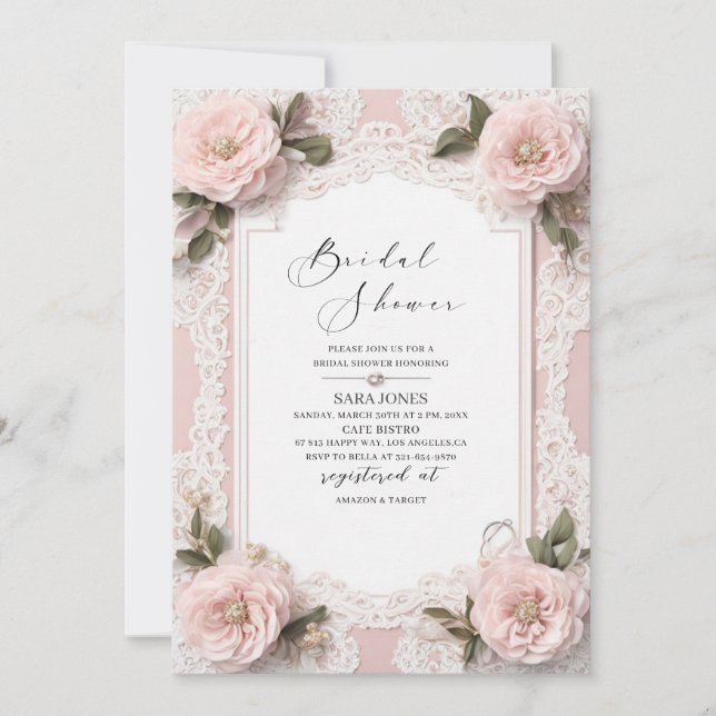 Convite Chá de panela de flores rosa 3D com Aquarela Moder (Frente)