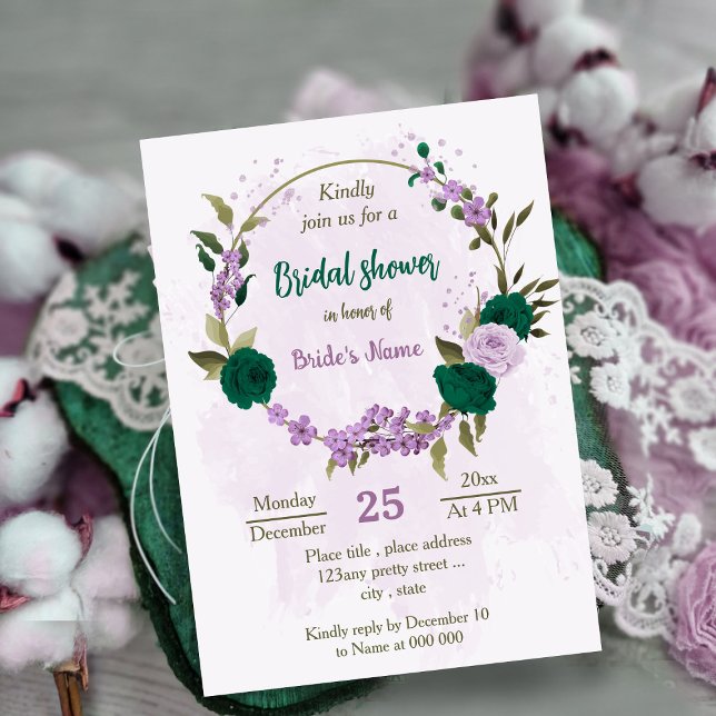 Convite chá de panela de flores roxas esmeraldas (Criador carregado)