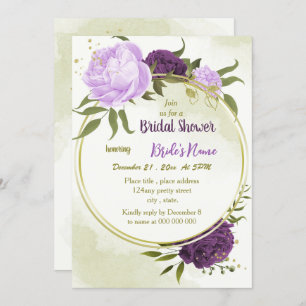 Convite chá de panela de flores roxas verdes