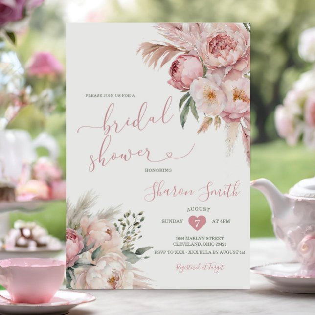 Convite Chá de panela de Flores Secas, Rosa-Rosa, Boho Pam (Criador carregado)