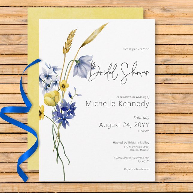 Convite Chá de panela de Flores Selvagens Azul e Amarelo M (Modern Blue & Yellow Wildflowers Bridal Shower Invitation)