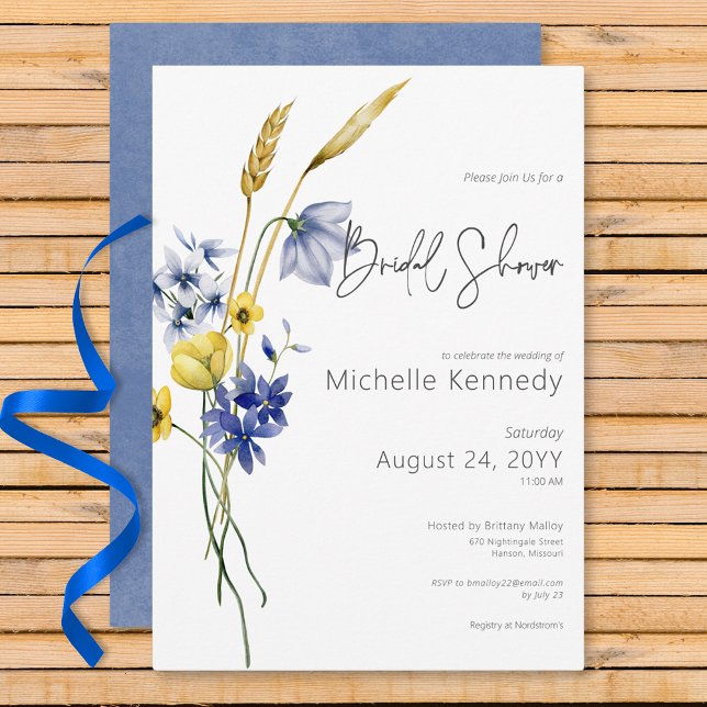 Convite Chá de panela de Flores Selvagens Azul e Amarelo M (Modern Blue & Yellow Wildflowers Bridal Shower Invitation)