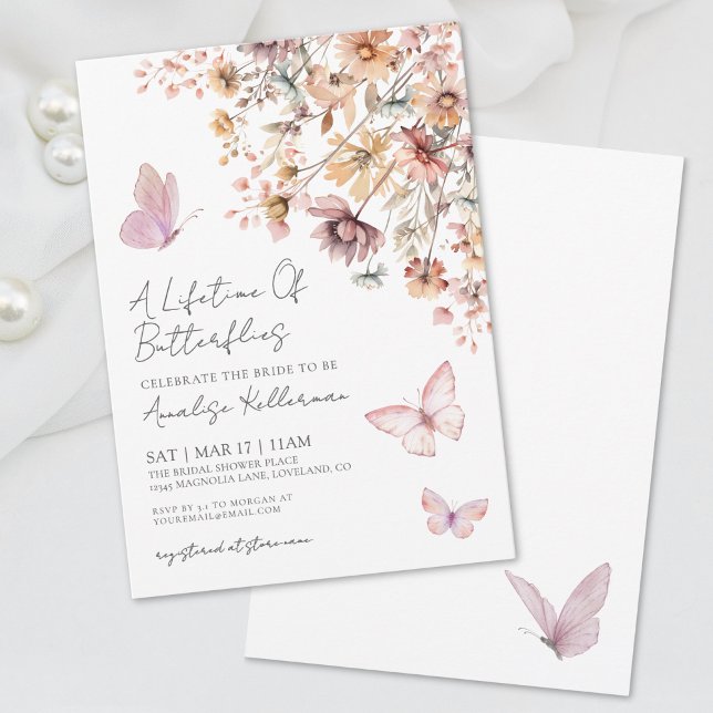 Convite Chá de panela de Flores Selvagens da Borboleta Ele (Elegant Butterfly Wildflowers Bridal Shower Invitation)