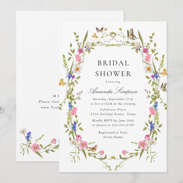 Convite Chá de panela de Flores Selvagens de Aquarela Eleg (Frente/Verso)