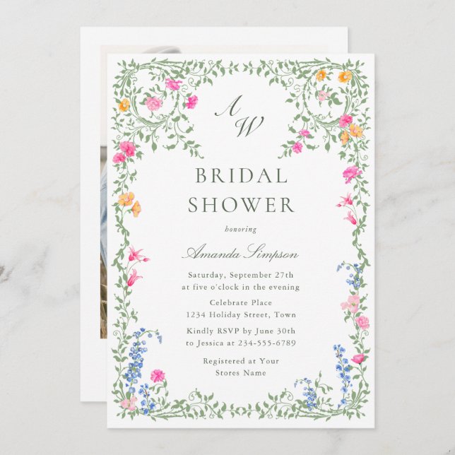 Convite Chá de panela de Flores Selvagens de Aquarela Eleg (Frente/Verso)