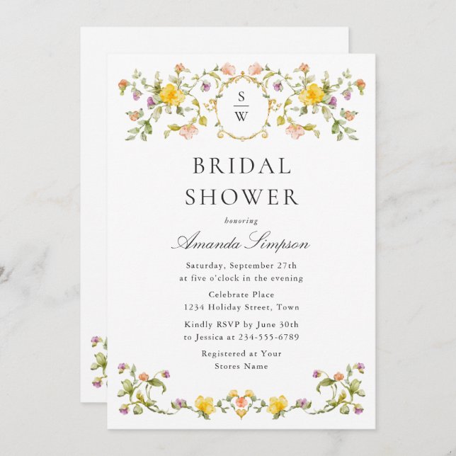 Convite Chá de panela de Flores Selvagens de Aquarela Eleg (Frente/Verso)