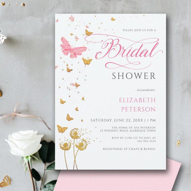 Convite Chá de panela de Flores Selvagens de Borboleta Ros (butterflies wildflowers gold pink bridal shower invitation modern romantic calligraphy elegant boho)