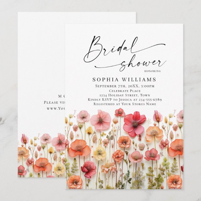 Convite Chá de panela de Flores Selvagens de Pastel Rosa (Frente/Verso)