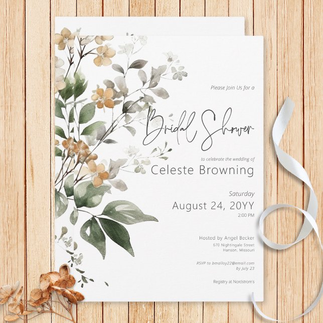 Convite Chá de panela De Flores Selvagens Rústico E Delica (Rustic Delicate Tan Fall Wildflowers Bridal Shower Invitation)