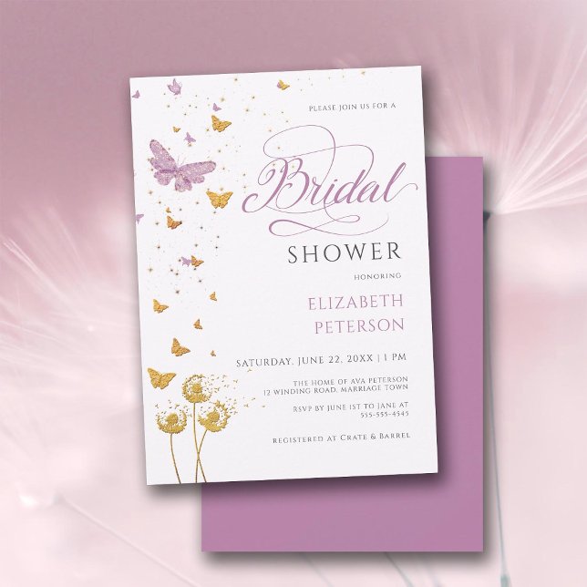 Convite Chá de panela de flores silvestres de borboletas d (purple gold bridal shower invitation butterflies wildflowers garden elegant boho rustic romantic)