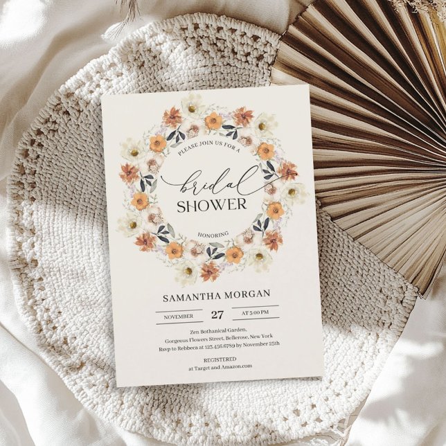 Convite Chá de panela de flores silvestres de outono de co (Trendy watercolor autumn wildflowers Bridal Shower Invitation)