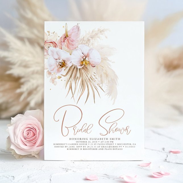 Convite Chá de panela de Flores Tropicais Boho Pampas Gras (Boho Bridal Shower Invitation)