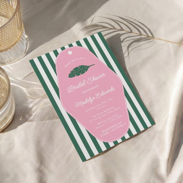 Convite Chá de panela De Folha De Banana, Rosa E Verde (Midcentury modern pink and green Beverly Hills inspired bridal shower invitation with banana leaf)