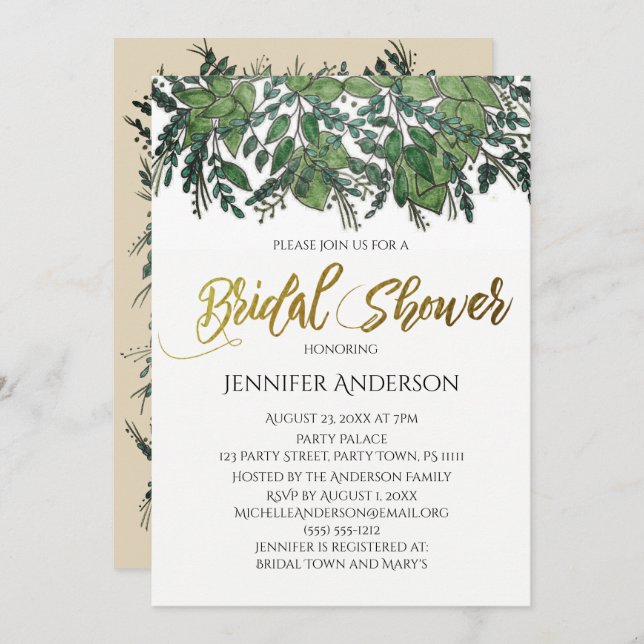 Convite Chá de panela de Folha Verde Dourado (Frente/Verso)