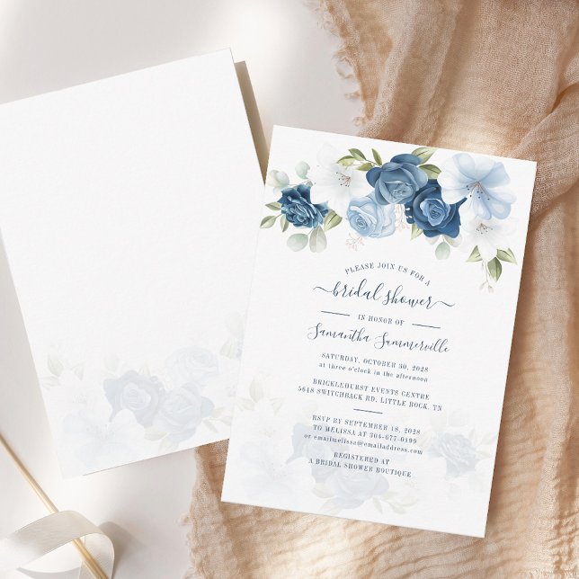 Convite Chá de panela de folhagem de cor azul-poeirinha (Dusty Blue Floral Watercolor Script Bridal Shower Invitation)