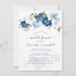 Convite Chá de panela de Folhagem de Script Azul Floral D