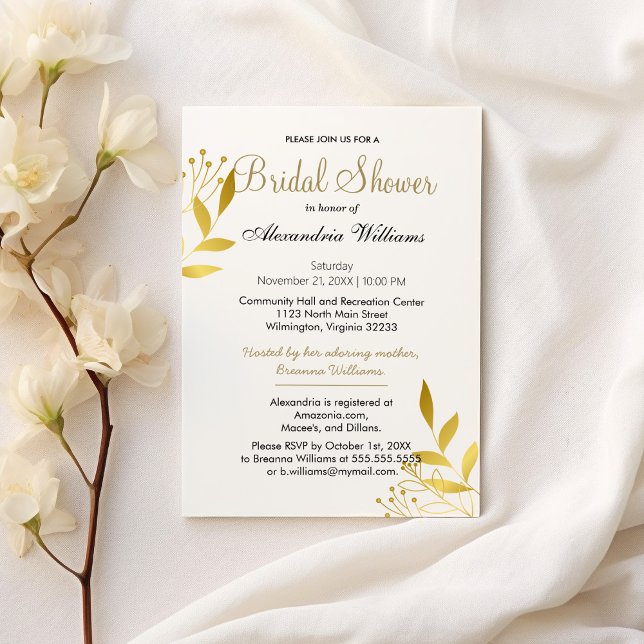 Convite Chá de panela de folhagem de vidro branco minimali (Minimalist white gold glam foliage Bridal Shower)