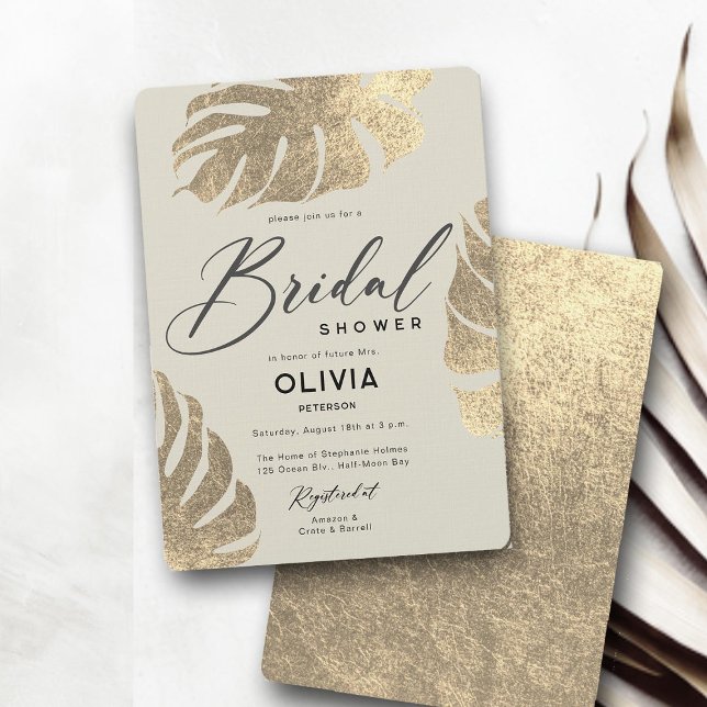 Convite Chá de panela de Folhagem Dourada e Tropical Moder (tropical bridal shower invitation gold leaf monstera ecru ivory luxury modern elegant boho)
