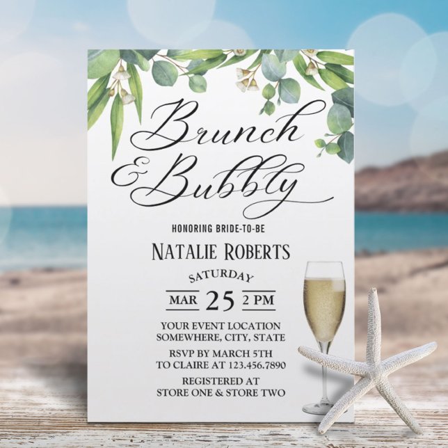 Convite Chá de panela de folhagem elegante Brunch e Bubble (Criador carregado)