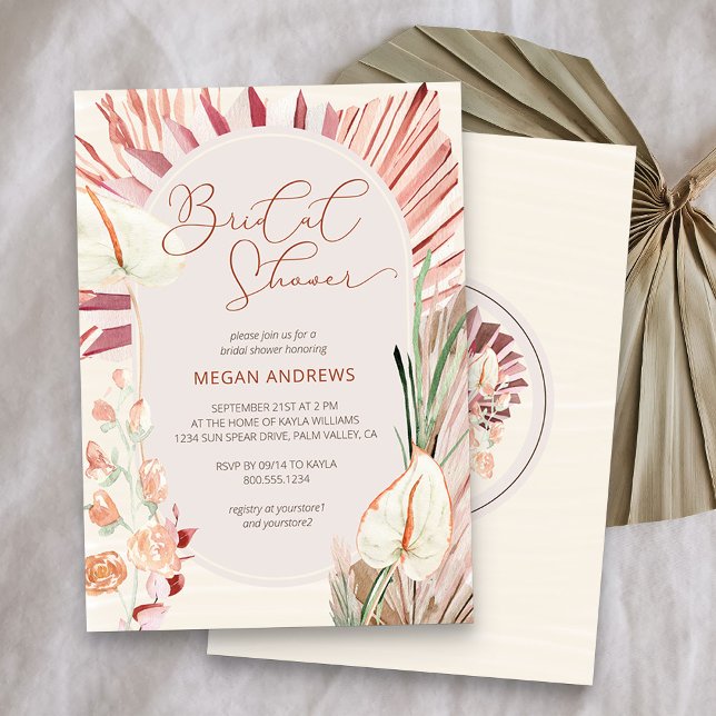 Convite Chá de panela de Folhagem Tropical Seca de Boho Pa (Bridal Shower invitation from my Boho Palm Bridal Shower Collection)