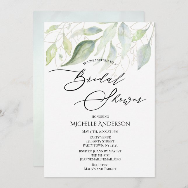 Convite Chá de panela de Folhas Botânicas Douradas de verd (Frente/Verso)