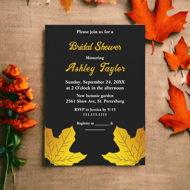 Convite Chá de panela De Folhas Douradas E Pretas Elegante (Criador carregado)