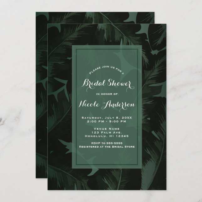 Convite Chá de panela de Folhas Tropicais de Chic Verde e  (Frente/Verso)