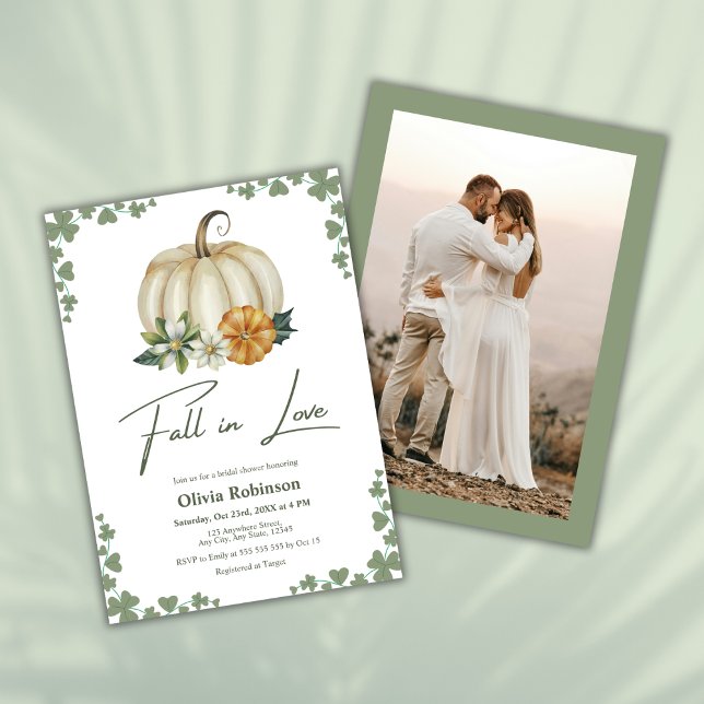 Convite Chá de panela de Foto de Pumpkin Verde Apaixonado (Fall in Love Greenery Pumpkin Photo Bridal Shower Invitation  )