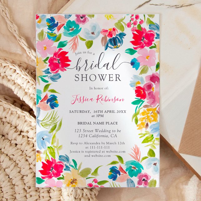 Convite chá de panela de foto floral azul-boêmia (bohemian red blue floral photo bridal shower invitation)