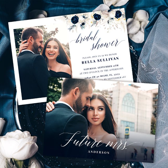 Convite Chá de panela de Foto Floral Azul Elegante (Criador carregado)