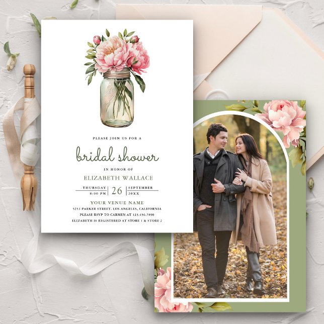 Convite Chá de panela de Foto Mason Jar Floral Rosa (Criador carregado)