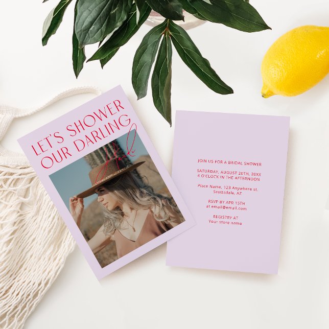 Convite Chá de panela de Foto Rosa Púrpura Moderno Minimal (Criador carregado)