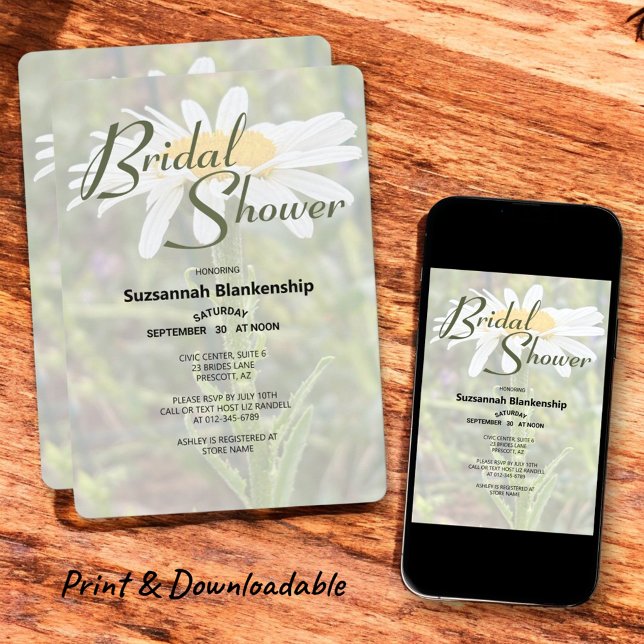 Convite Chá de panela de Foto White Shasta Daisy (print and downloadable front and back floral photo invitation )