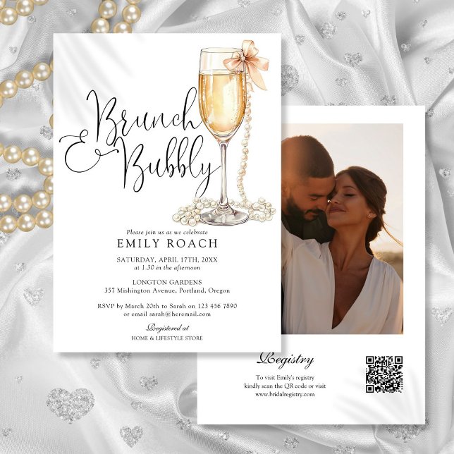 Convite Chá de panela de Fotografia de Código QR Brunch e  (Brunch And Bubbly QR Code Photo Bridal Shower Invitation)