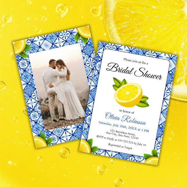 Convite Chá de panela de Fotografia de Limão Azulejo Azul  (Mediterranean Italian Blue Tile Lemon Photo Bridal Shower Invitation   )