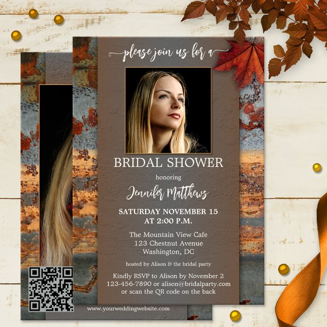 Convite Chá de panela de Fotografia de Queda Industrial (Autumn bridal shower invitation featuring your photos framed by an industrial design + QR code)