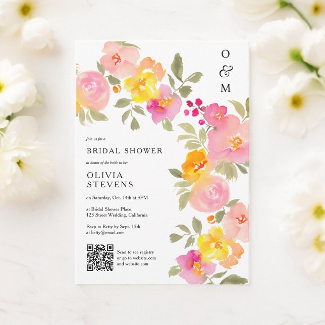 Convite Chá de panela de fotografia do código Qr do monogr (Floral monogram chic Qr code photo bridal shower Invitation)